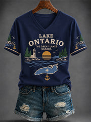 Women's “LAKE ONTARIO THE GREAT LAKES CANADA” Printed V-neck T-shirt