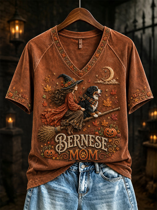Women's Halloween Fall Bernese Mom Witch & Dog Print short-sleeved T-shirt