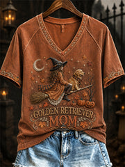 Women's Halloween Fall Golden Retriever Mom Witch & Dog Print short-sleeved T-shirt