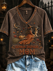 Women's Halloween Fall German Shepherd Mom Witch & Dog Print short-sleeved T-shirt