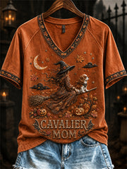 Women's Halloween Fall Cavalier Mom Witch & Dog Print short-sleeved T-shirt