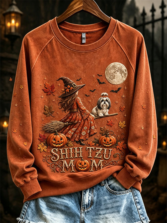 Women's Halloween Fall Shih Tzu Mom Witch & Dog Print raglan sleeve sweatshirt
