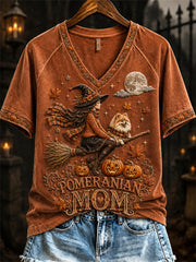 Women's Halloween Fall Pomeranian Mom Witch & Dog Print short-sleeved T-shirt
