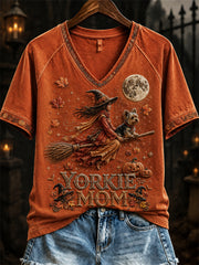 Women's Halloween Fall Yorkie Mom Witch & Dog Print short-sleeved T-shirt