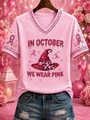 Women's “IN OCTOBER WE WEAR PINK” Printed V-neck T-shirt