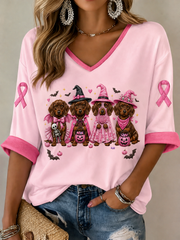 Women's Breast Cancer Mid-length Sleeves V-Neck T-Shirt