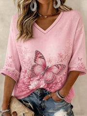 Women's Breast Cancer Flowers Printed Mid-length Sleeves V-neck T-shirt