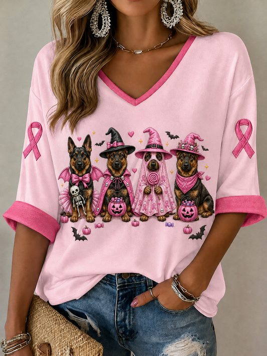 Women's Breast Cancer Mid-length Sleeves V-Neck T-Shirt