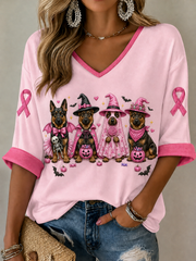 Women's Breast Cancer Mid-length Sleeves V-Neck T-Shirt
