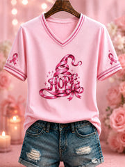Women's Breast Cancer Pink “HOPE"Printed V-neck T-shirt