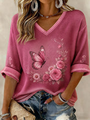 Women's Breast Cancer Flowers Printed Mid-length Sleeves V-neck T-shirt