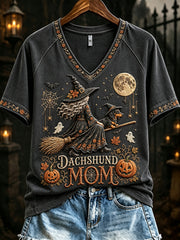 Women's Dachshund Witch Mom Halloween Print V-neck Short-sleeved T-shirt