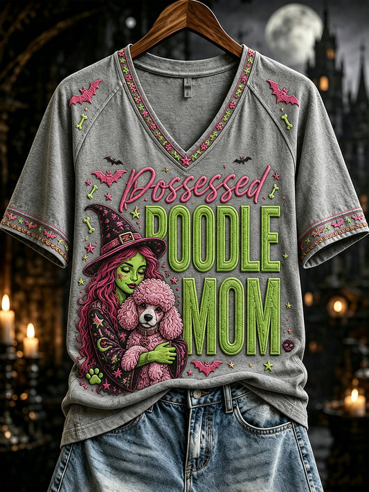 Women's Possessed Poodle Mom Print V-neck Short-sleeved T-shirt