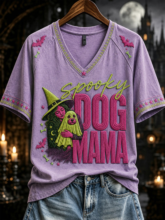 Women's Halloween Spooky Dog Mama Print V-neck Short-sleeved T-shirt