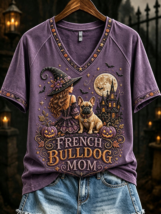Women's French Bulldog Witch Mom Halloween Print V-neck Short-sleeved T-shirt