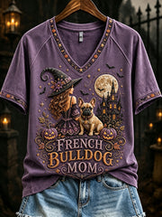 Women's French Bulldog Witch Mom Halloween Print V-neck Short-sleeved T-shirt