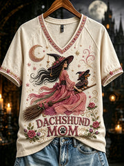 Women's Dachshund Witch Mom Halloween Print V-neck Short-sleeved T-shirt