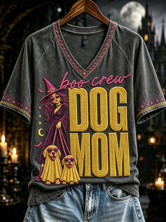 Women's Halloween Boo Crew Dog Mom Print V-neck Short-sleeved T-shirt