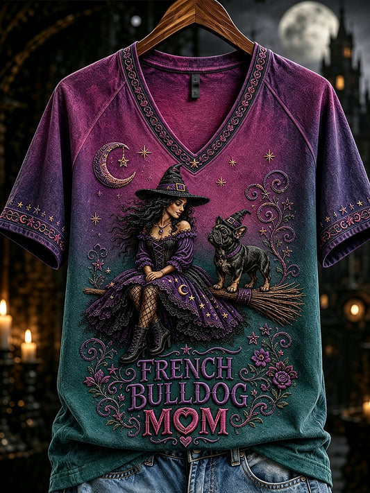 Women's French Bulldog Witch Mom Halloween Print V-neck Short-sleeved T-shirt