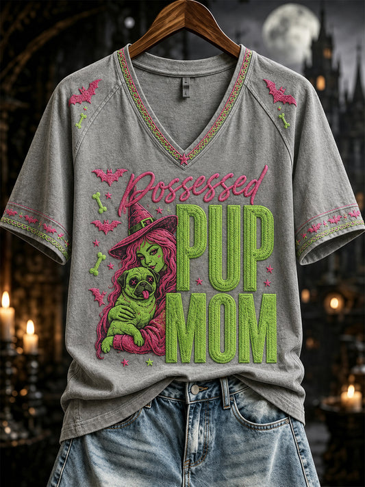 Women's Halloween Possessed Pup Mom Print V-neck Short-sleeved T-shirt