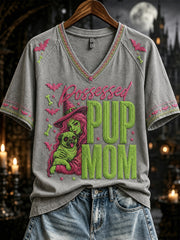 Women's Halloween Possessed Pup Mom Print V-neck Short-sleeved T-shirt