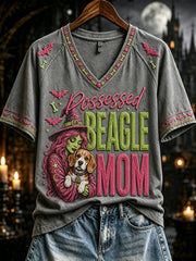 Women's Possessed Beagle Mom Print V-neck Short-sleeved T-shirt