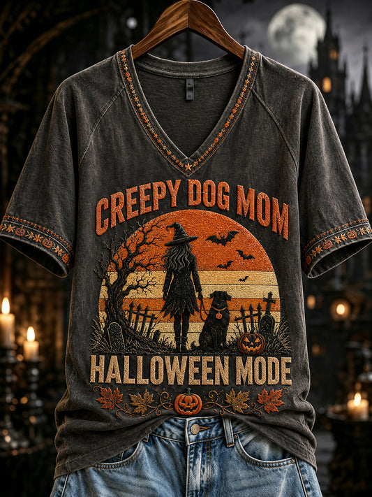 Women's Creepy Dog Mom Halloween Mode Print V-neck Short-sleeved T-shirt