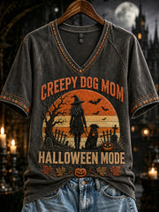Women's Creepy Dog Mom Halloween Mode Print V-neck Short-sleeved T-shirt