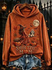 Women's Halloween Fall Shih Tzu Mom Witch & Dog Print Hoodie