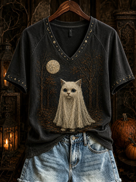 Women's Halloween Cute Cat Pattern Printed Casual Short Sleeve T-shirt