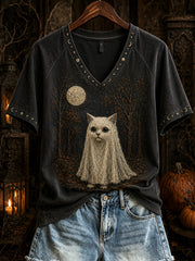 Women's Halloween Cute Cat Pattern Printed Casual Short Sleeve T-shirt