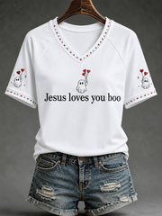 Women's Christian Halloween Jesus Loves You Boo Cute Ghost Print Casual V-Neck Tee