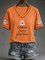 Women's Christian Halloween Jesus Loves You Boo Cute Ghost Print Casual V-Neck Tee