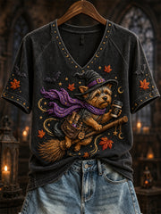 Women's Halloween Fall Flying Yorkshire Dog Witch Print short-sleeved T-shirt