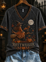 Women's Halloween Fall Rottweiler Mom Witch & Dog Print short-sleeved T-shirt
