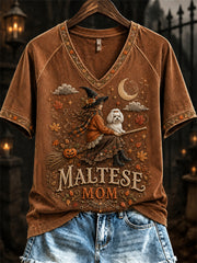 Women's Halloween Fall Maltese Mom Witch & Dog Print short-sleeved T-shirt