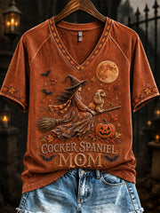 Women's Halloween Fall Cocker Spaniel Mom Witch & Dog Print short-sleeved T-shirt