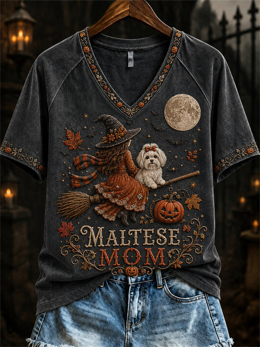 Women's Halloween Fall Maltese Mom Witch & Dog Print short-sleeved T-shirt