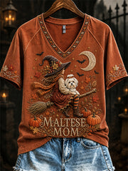 Women's Halloween Fall Maltese Mom Witch & Dog Print short-sleeved T-shirt