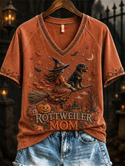 Women's Halloween Fall Rottweiler Mom Witch & Dog Print short-sleeved T-shirt