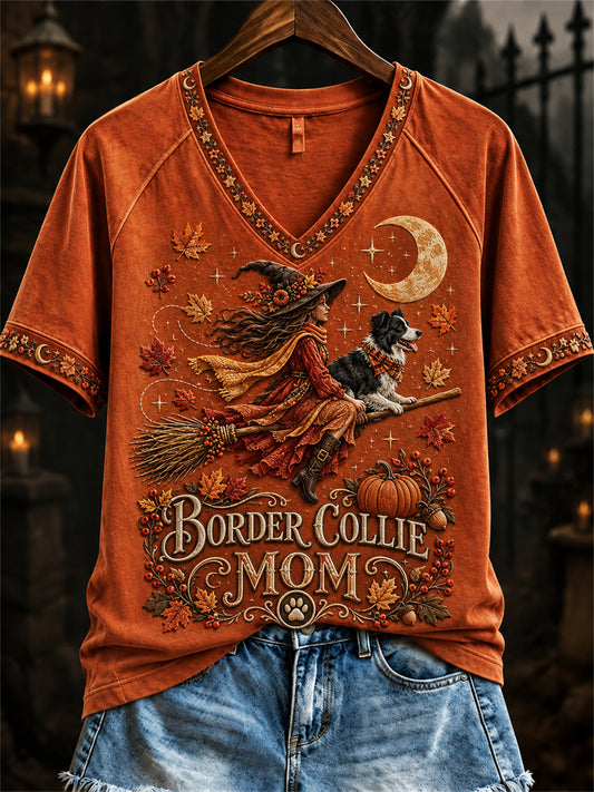Women's Border Collie Mom Fall Halloween Witch & Dog Print short-sleeved T-shirt