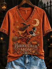Women's Border Collie Mom Fall Halloween Witch & Dog Print short-sleeved T-shirt