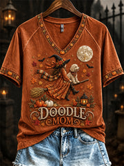 Women's Doodle Mom Fall Halloween Witch & Dog Print short-sleeved T-shirt
