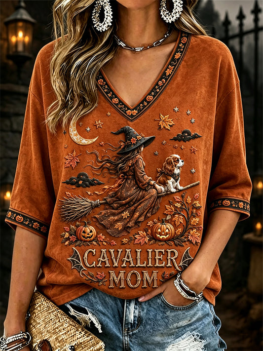Women's Cavalier Mom Halloween Fall Witch & Dog Print Mid-length Sleeves V-Neck T-Shirt