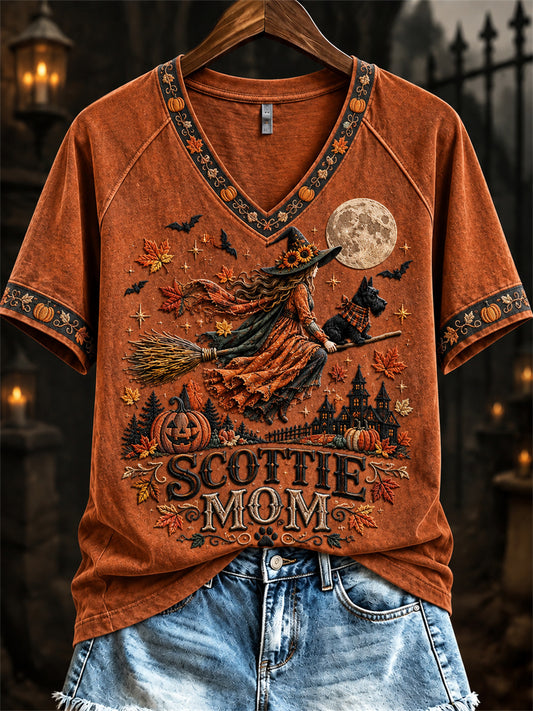 Women's Scottie Mom Fall Halloween Witch & Dog Print short-sleeved T-shirt