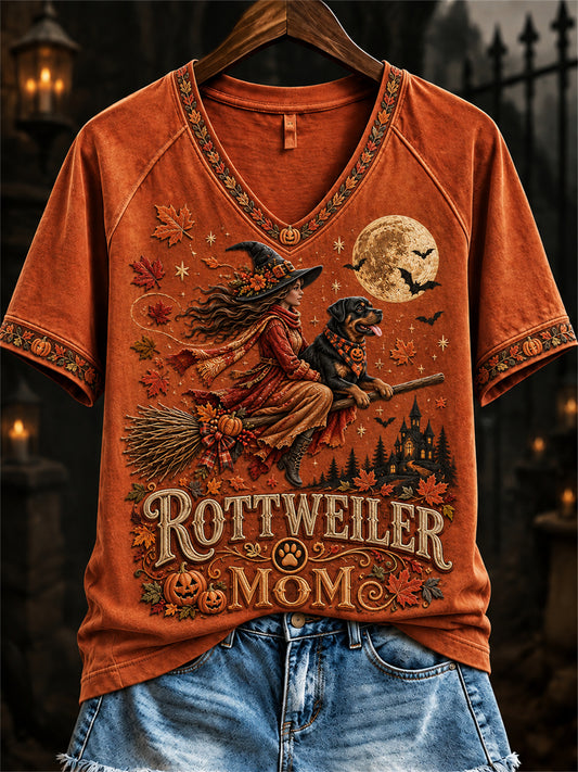 Women's Rottweiler Mom Fall Halloween Witch & Dog Print short-sleeved T-shirt