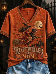 Women's Rottweiler Mom Fall Halloween Witch & Dog Print short-sleeved T-shirt