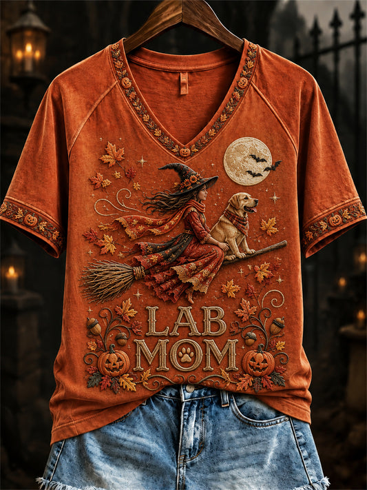 Women's Lab Mom Fall Halloween Witch & Dog Print short-sleeved T-shirt