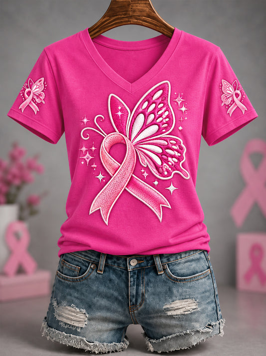 Women's Pink Ribbon Hope For A Cure Butterfly Print Breast Cancer Awareness Support V-Neck Tee