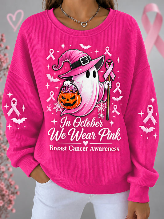 Women's In October We Wear Pink Halloween Pink Ghost Print Breast Cancer Awareness Support Sweatshirt